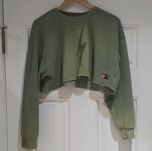 NWT Aviator Nation Cropped Faded Bolt Stitch Army Relaxed Crew Sweatshirt